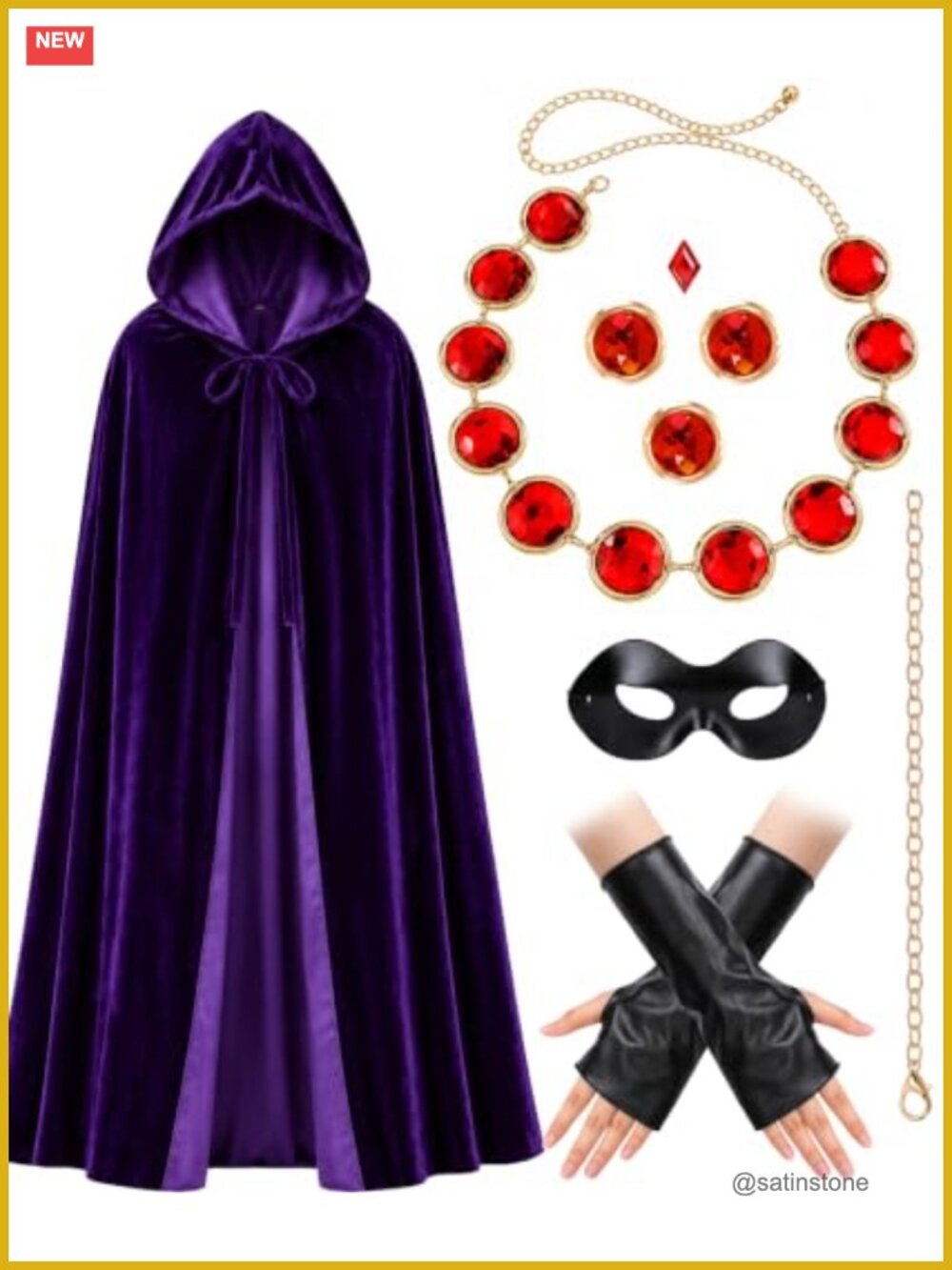 Halloween Cape Set Hooded Velvet Adjustable Gem Belt Mask Gloves